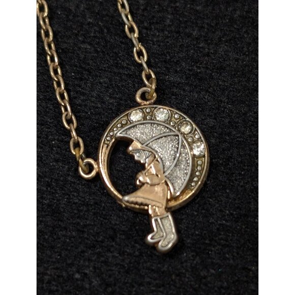Vintage 1970s 1928 Morton Salt Girl Umbrella Gold Tone Necklace with Crystals - Picture 1 of 11